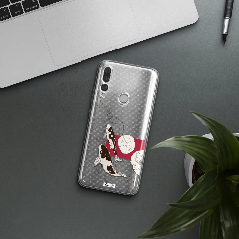 a black and white illustration of fish and flowers Huawei Y9 Prime 2019 Clear TPU Case