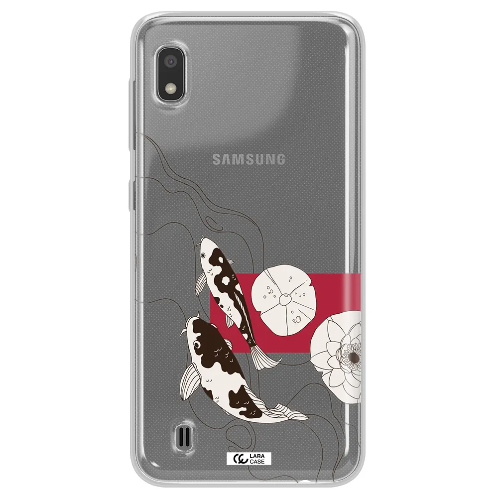 a black and white illustration of fish and flowers Samsung A10 Clear TPU Case