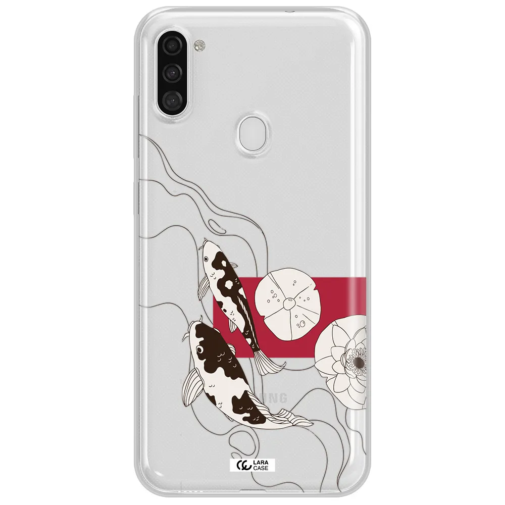 a black and white illustration of fish and flowers Samsung A11 Clear TPU Case