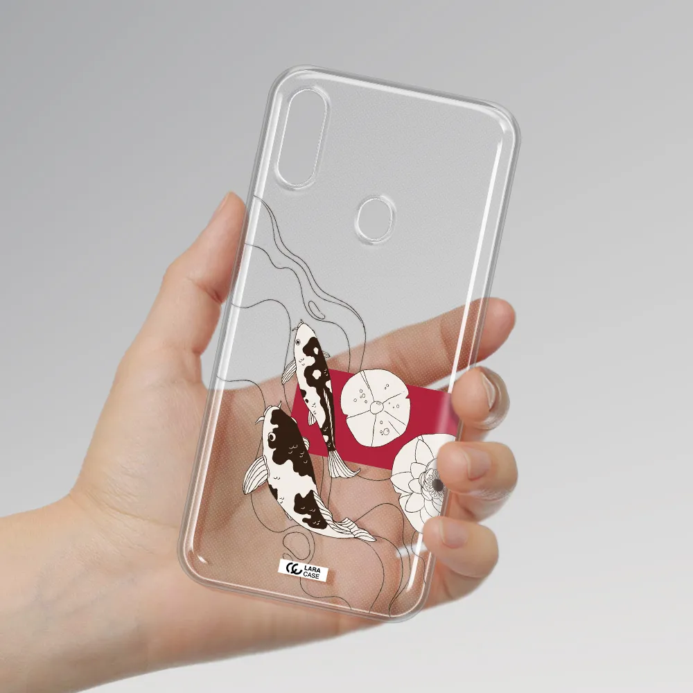 a black and white illustration of fish and flowers Samsung A11 Clear TPU Case