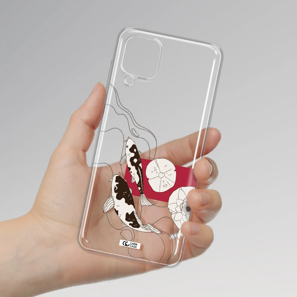 a black and white illustration of fish and flowers Samsung A12 4g Clear TPU Case