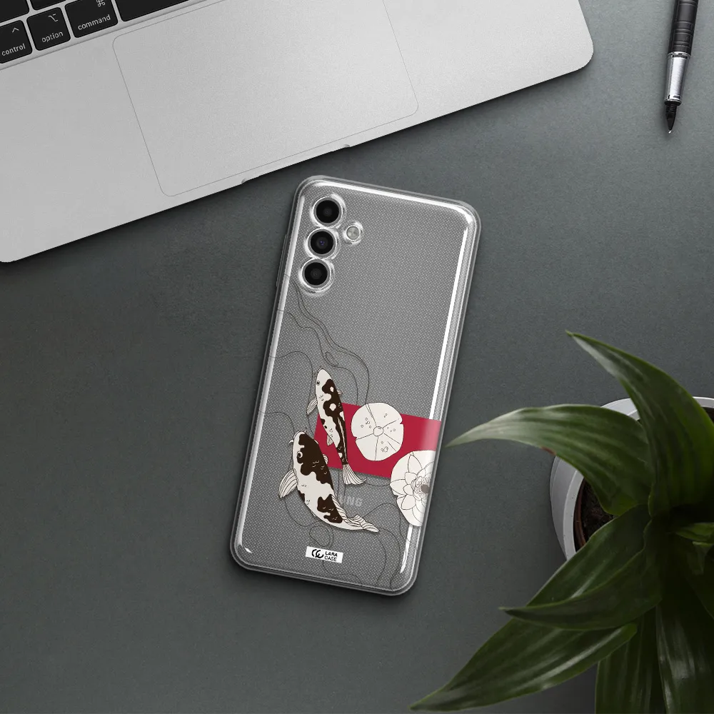 A Black And White Illustration Of Fish And Flowers Samsung A13 5G Clear Tpu Case