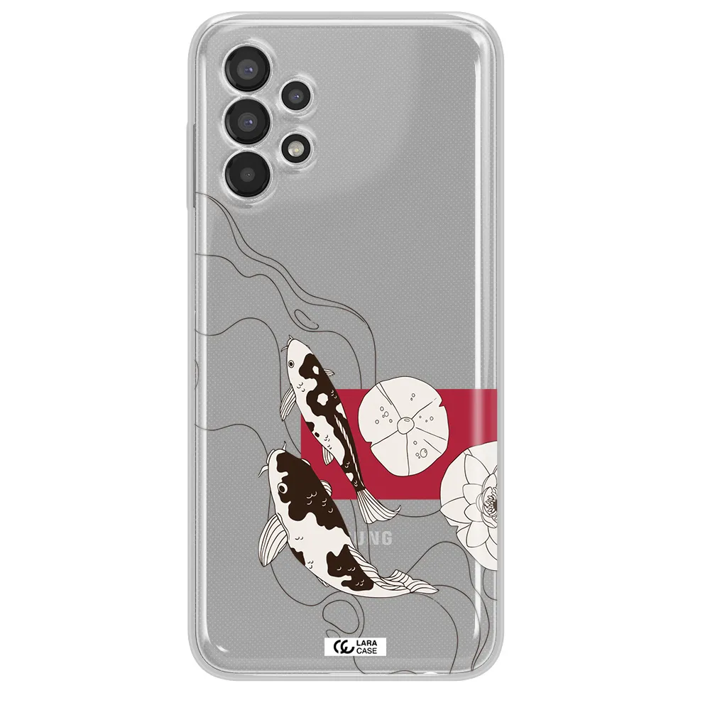 a black and white illustration of fish and flowers Samsung A13 Clear TPU Case
