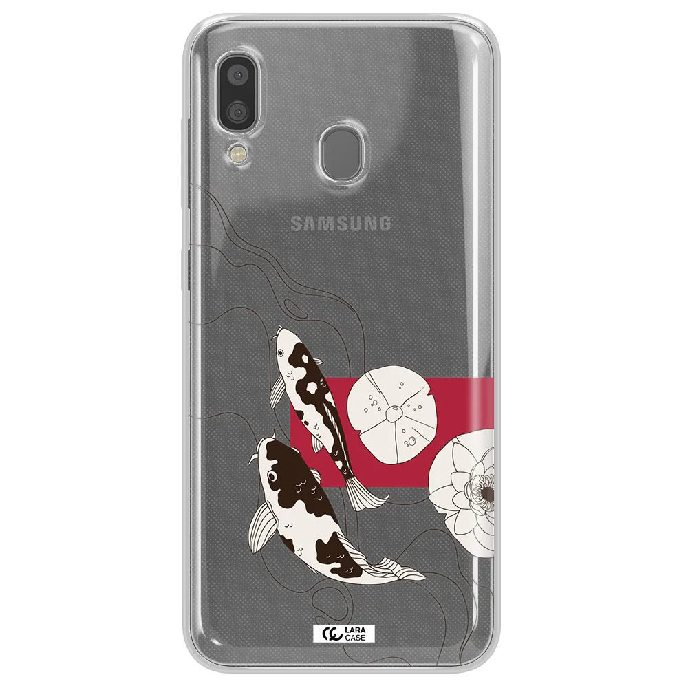 a black and white illustration of fish and flowers Samsung A20 Clear TPU Case