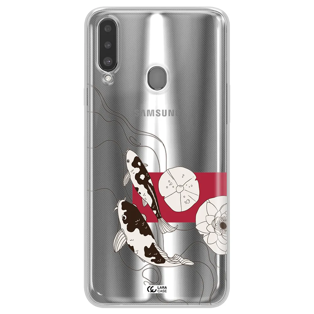 a black and white illustration of fish and flowers Samsung A20S Clear TPU Case