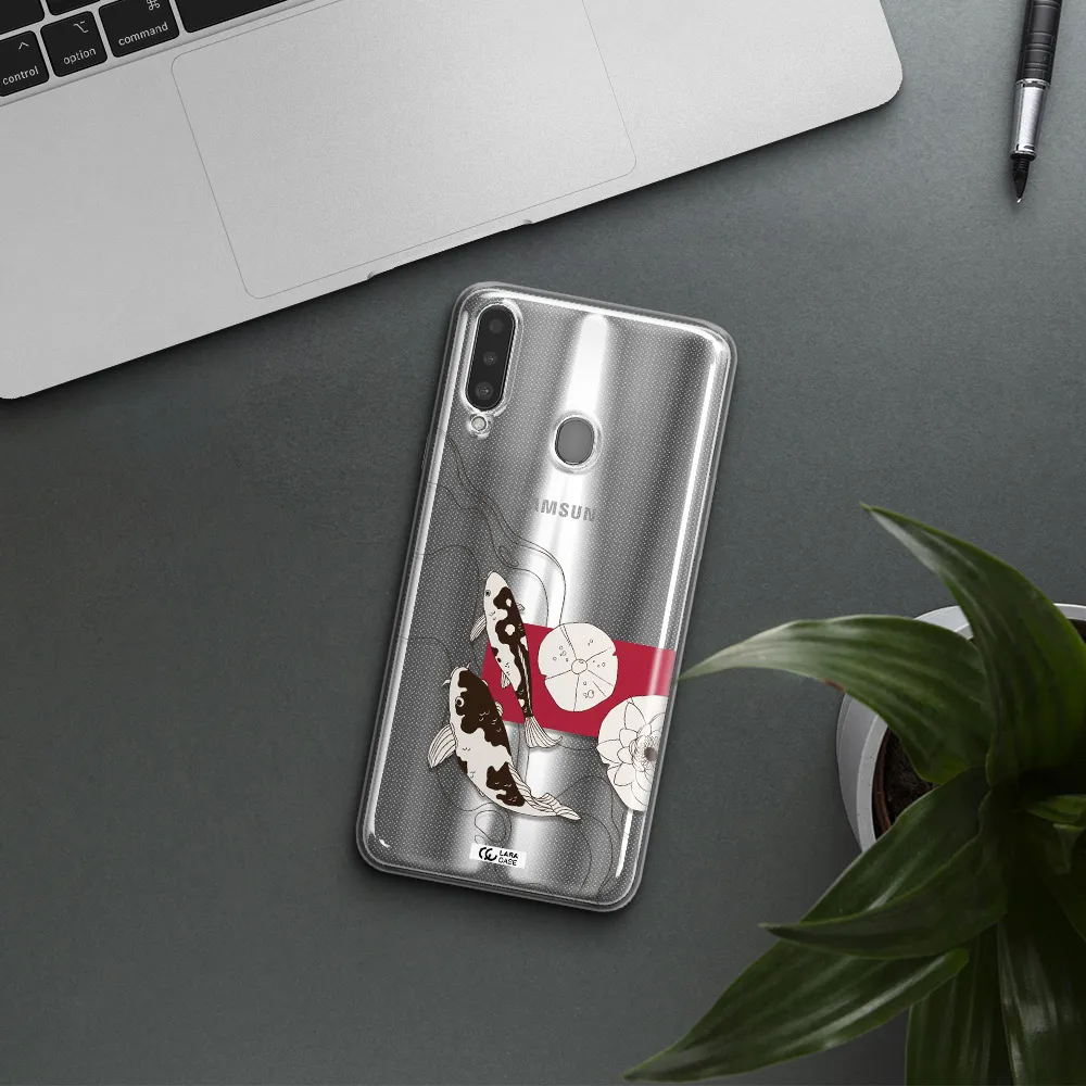 a black and white illustration of fish and flowers Samsung A20S Clear TPU Case