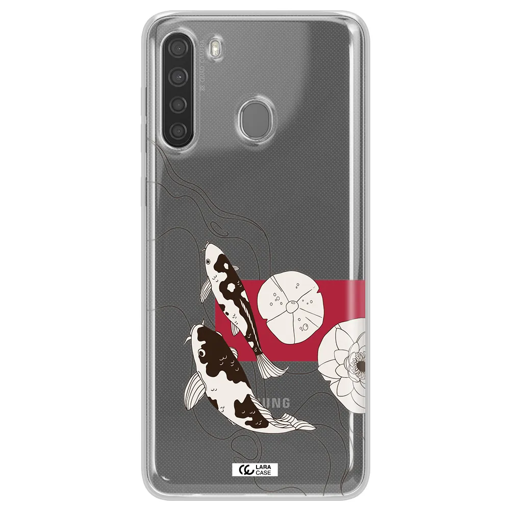 a black and white illustration of fish and flowers Samsung A21 Clear TPU Case