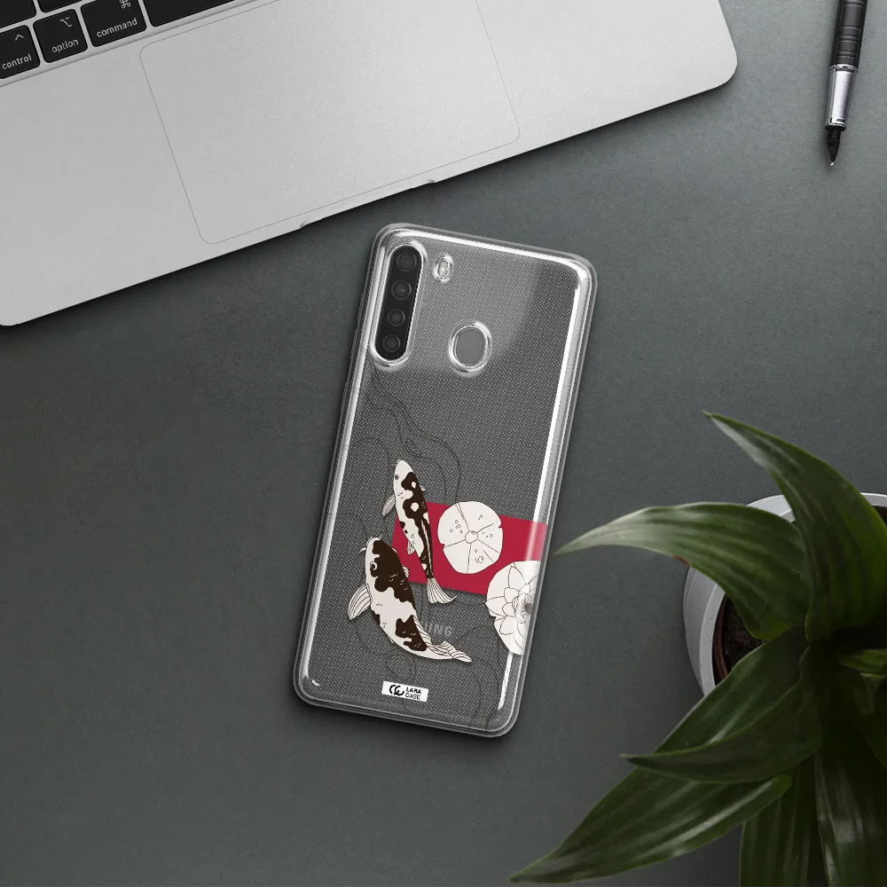 a black and white illustration of fish and flowers Samsung A21 Clear TPU Case