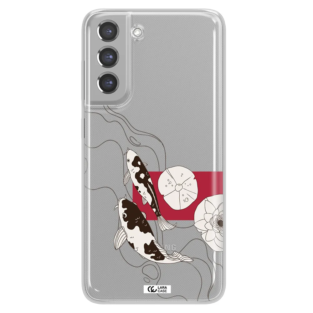 a black and white illustration of fish and flowers Samsung A21 Fe Clear TPU Case