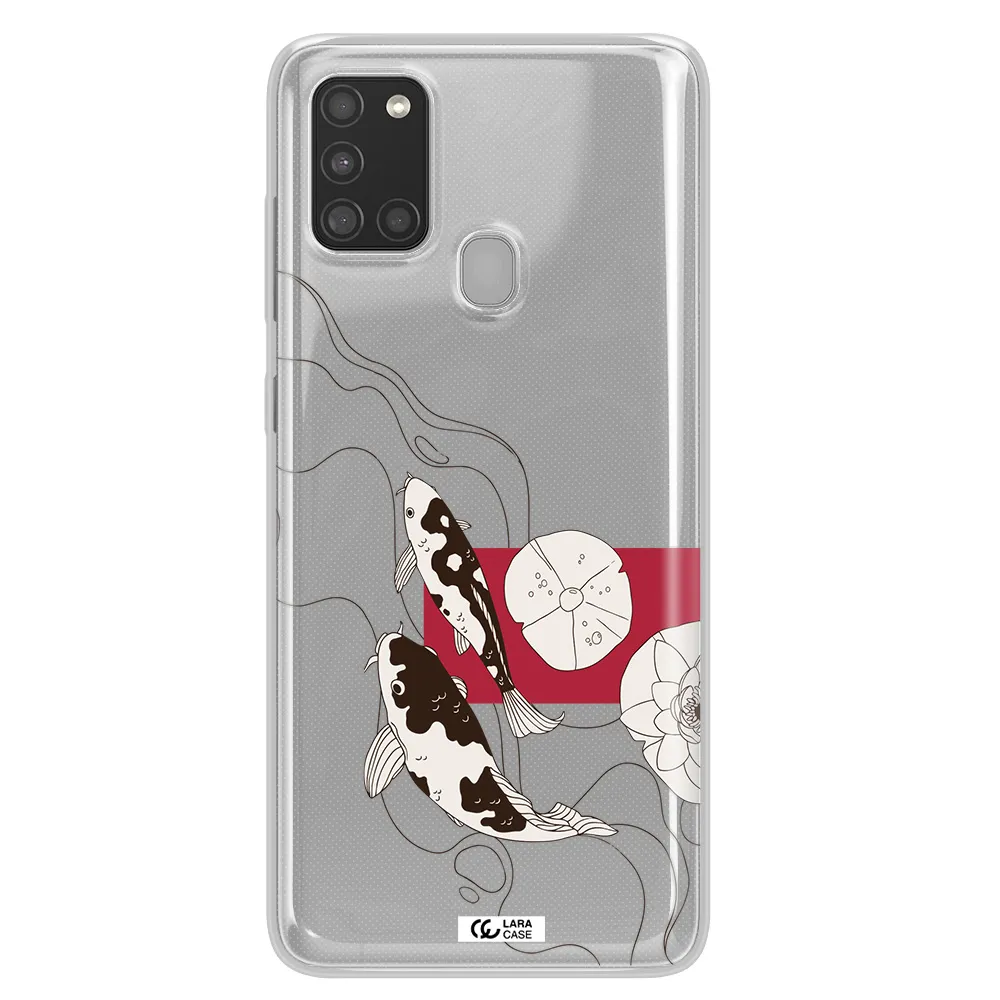 a black and white illustration of fish and flowers Samsung A21S Clear TPU Case