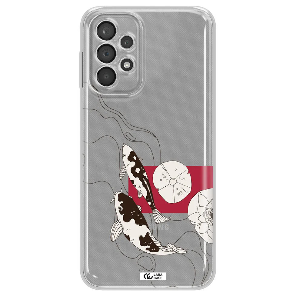 A Black And White Illustration Of Fish And Flowers Samsung A23 5G Clear Tpu Case