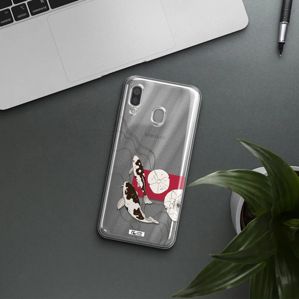 a black and white illustration of fish and flowers Samsung A30 Clear TPU Case