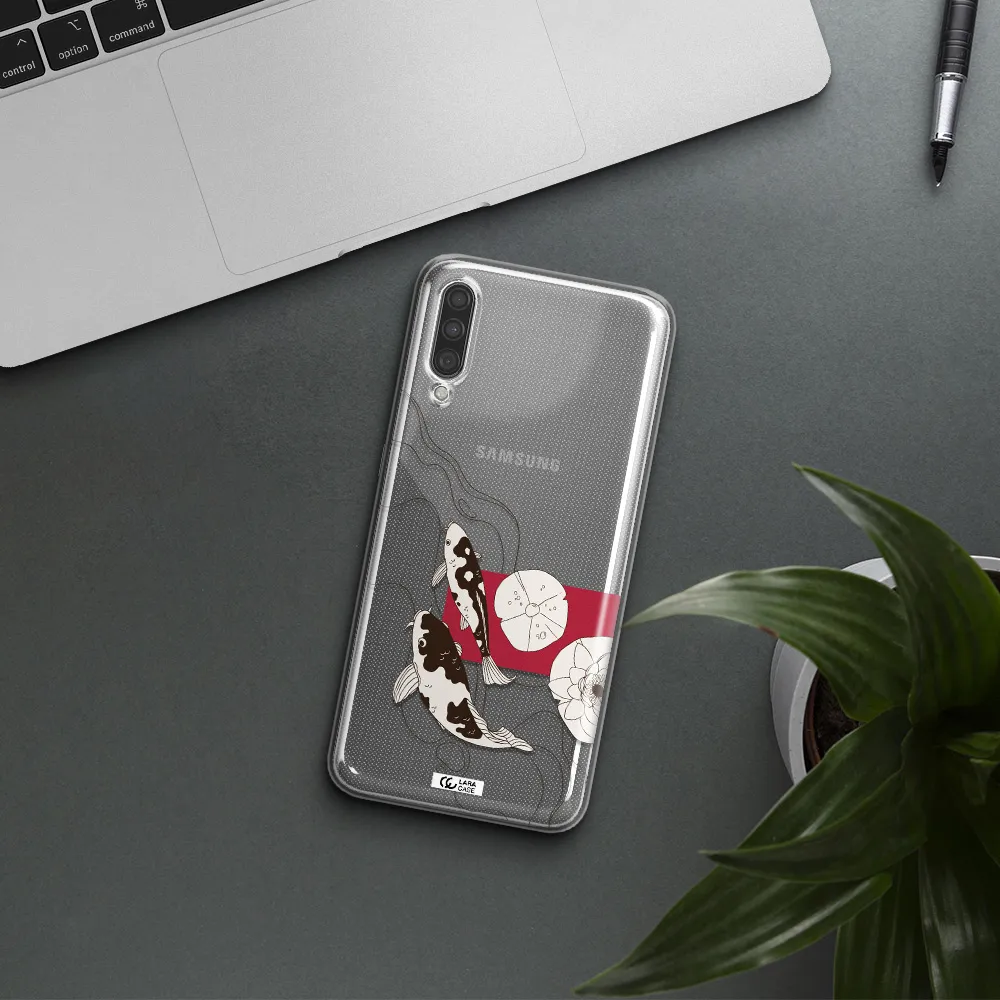a black and white illustration of fish and flowers Samsung A30S Clear TPU Case