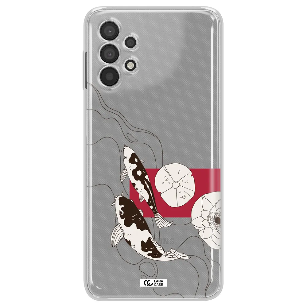 a black and white illustration of fish and flowers Samsung A32 Clear TPU Case