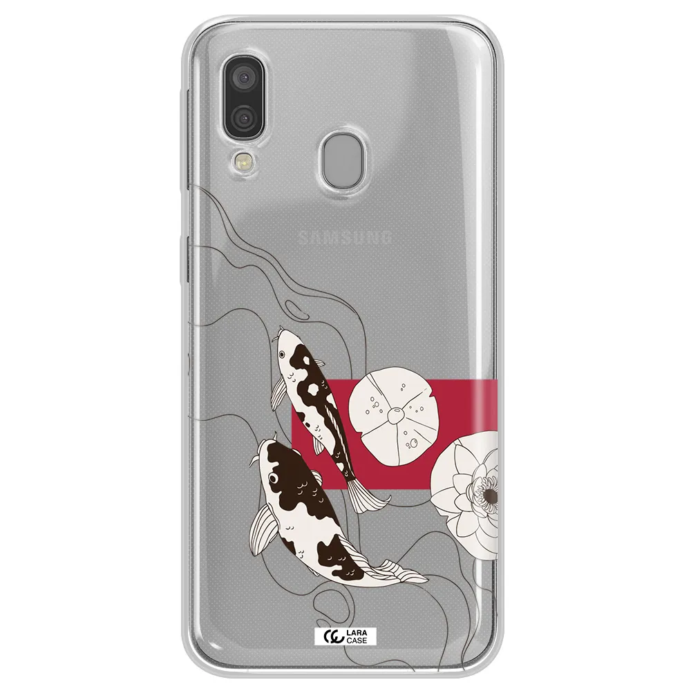 a black and white illustration of fish and flowers Samsung A40 Clear TPU Case