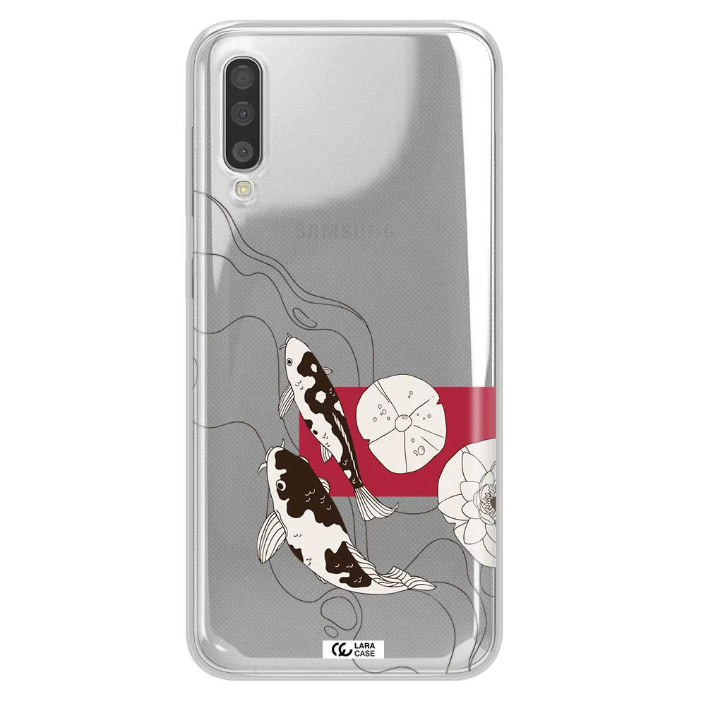 a black and white illustration of fish and flowers Samsung A50 Clear TPU Case