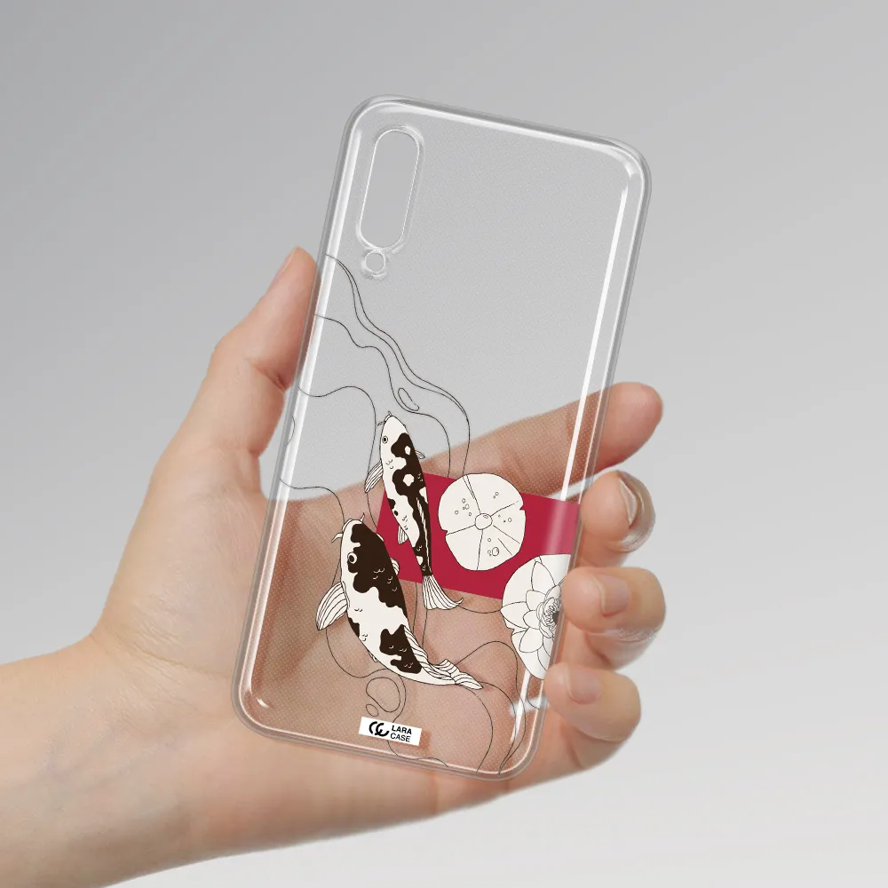 A Black And White Illustration Of Fish And Flowers Samsung A50S Clear Tpu Case