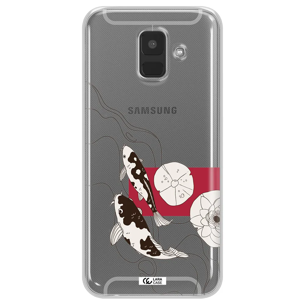 a black and white illustration of fish and flowers Samsung A6 Clear TPU Case