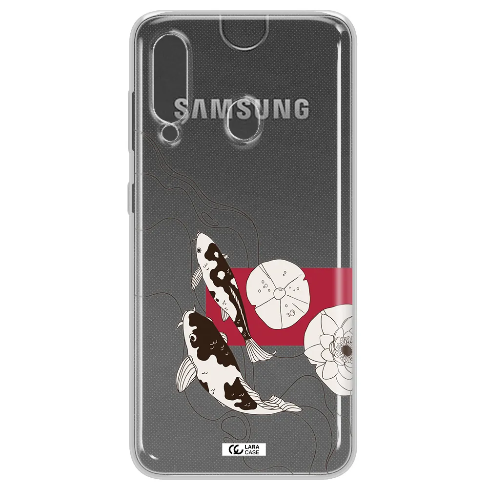 a black and white illustration of fish and flowers Samsung A60 Clear TPU Case