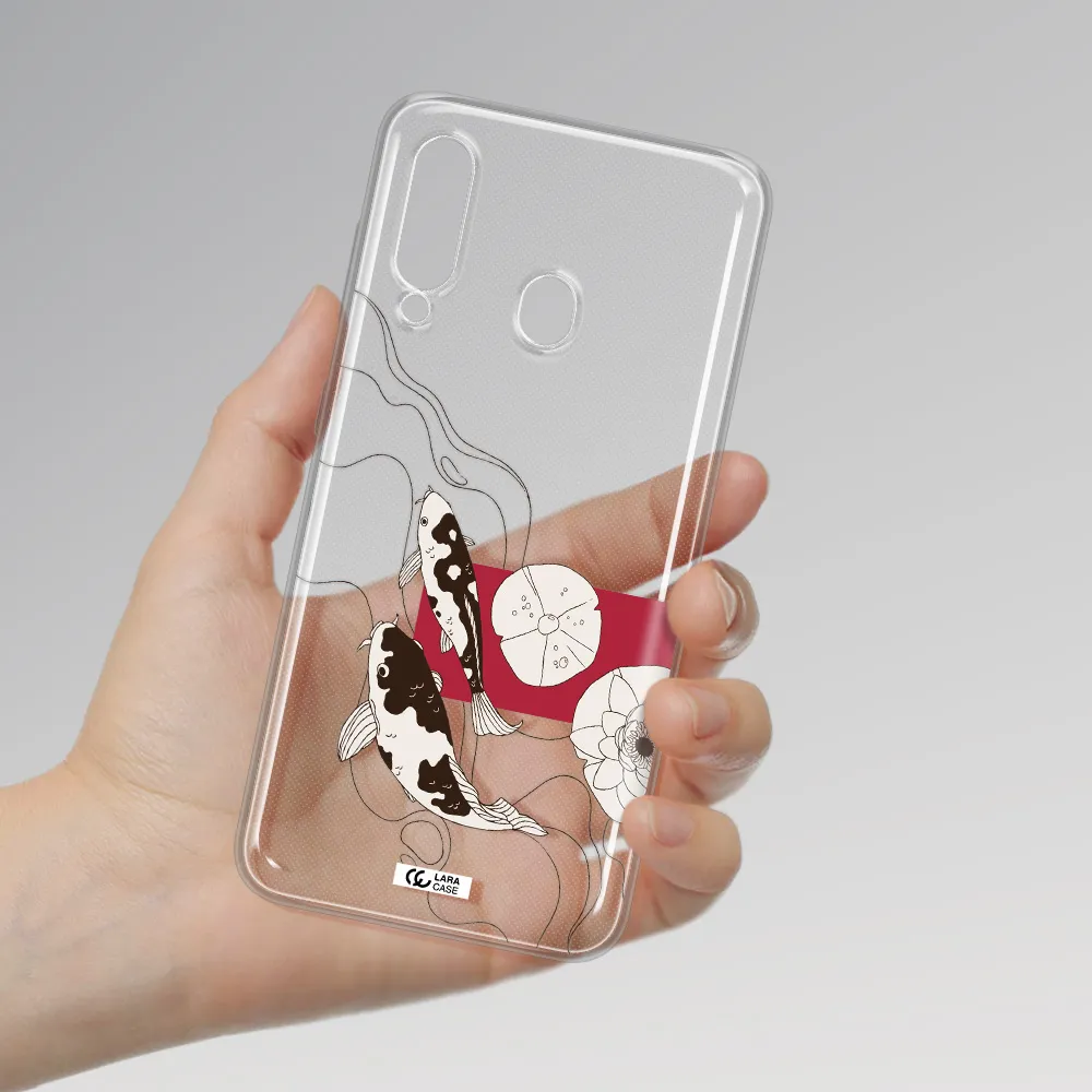 a black and white illustration of fish and flowers Samsung A60 Clear TPU Case