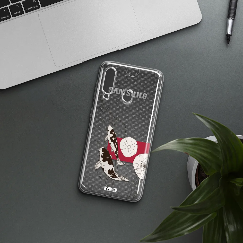 a black and white illustration of fish and flowers Samsung A60 Clear TPU Case