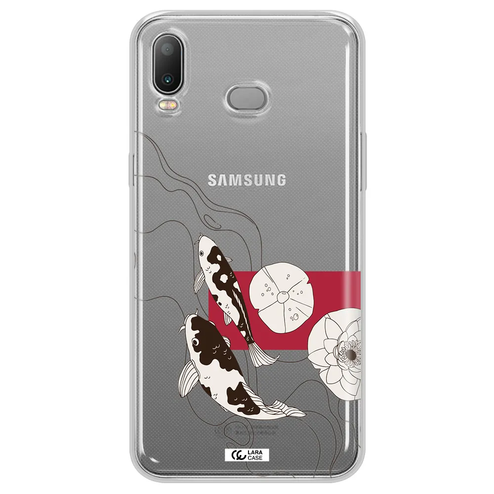 a black and white illustration of fish and flowers Samsung A6S Clear TPU Case