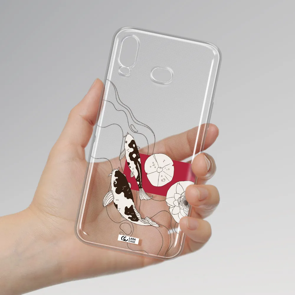 a black and white illustration of fish and flowers Samsung A6S Clear TPU Case