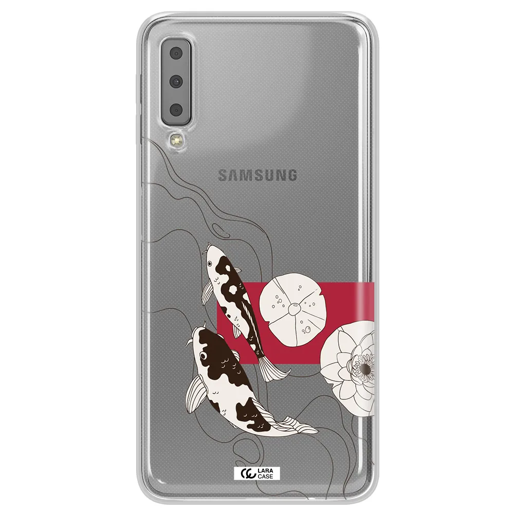 a black and white illustration of fish and flowers Samsung A7 2018 Clear TPU Case