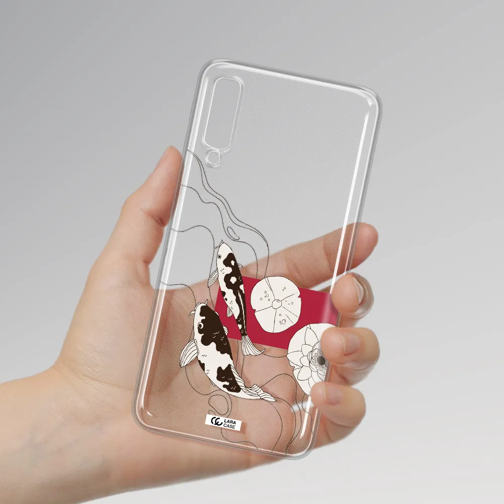 a black and white illustration of fish and flowers Samsung A7 2018 Clear TPU Case