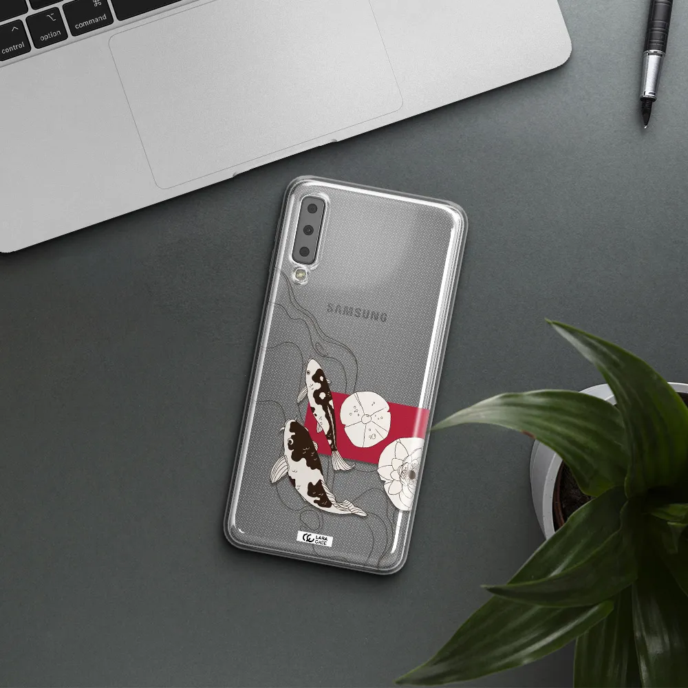 a black and white illustration of fish and flowers Samsung A7 2018 Clear TPU Case