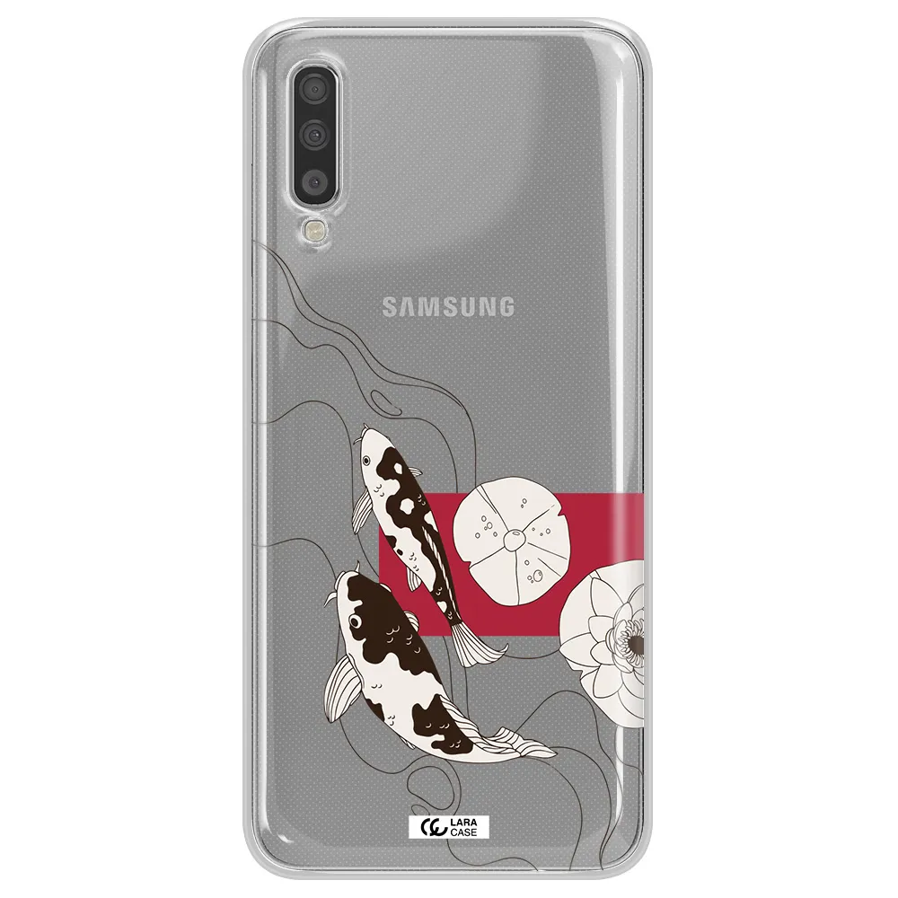 A Black And White Illustration Of Fish And Flowers Samsung A70S Clear Tpu Case