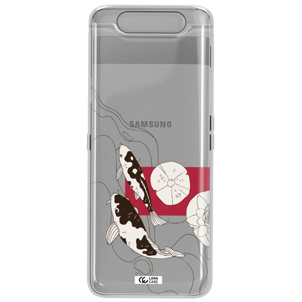 a black and white illustration of fish and flowers Samsung A80 Clear TPU Case