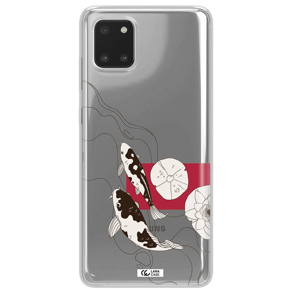 a black and white illustration of fish and flowers Samsung A81 Clear TPU Case