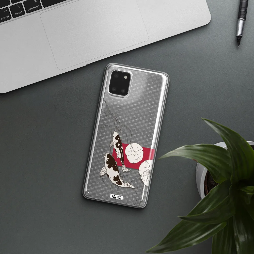 a black and white illustration of fish and flowers Samsung A81 Clear TPU Case