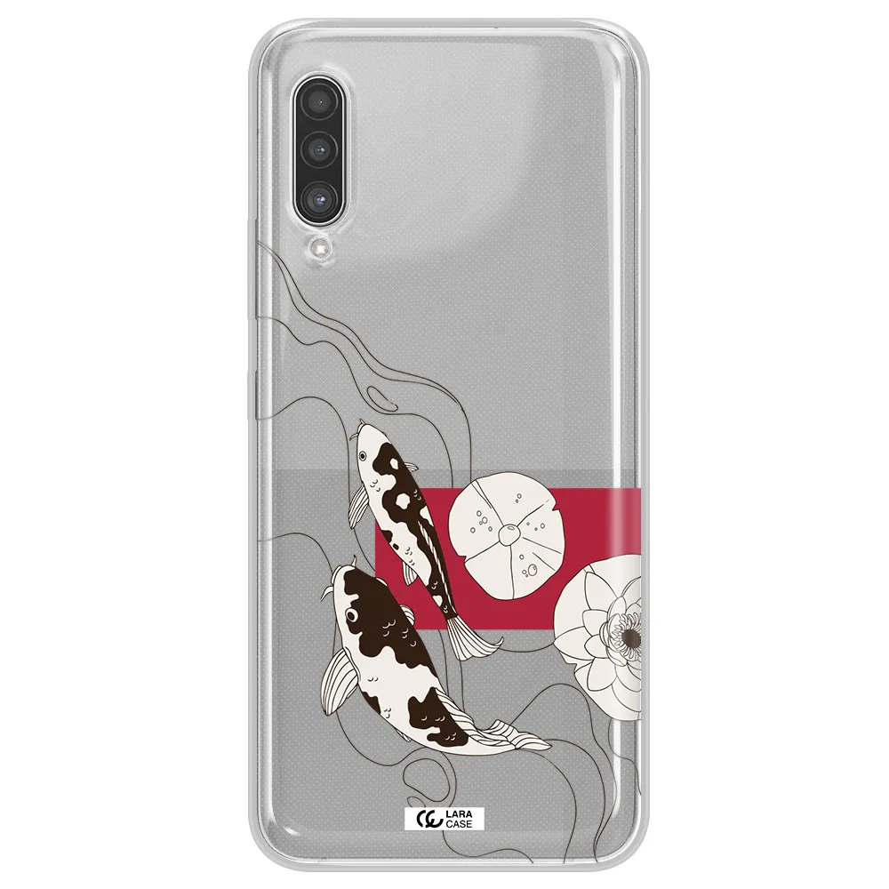 a black and white illustration of fish and flowers Samsung A90 Clear TPU Case
