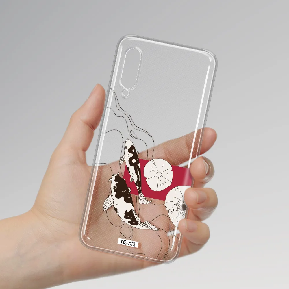a black and white illustration of fish and flowers Samsung A90 Clear TPU Case
