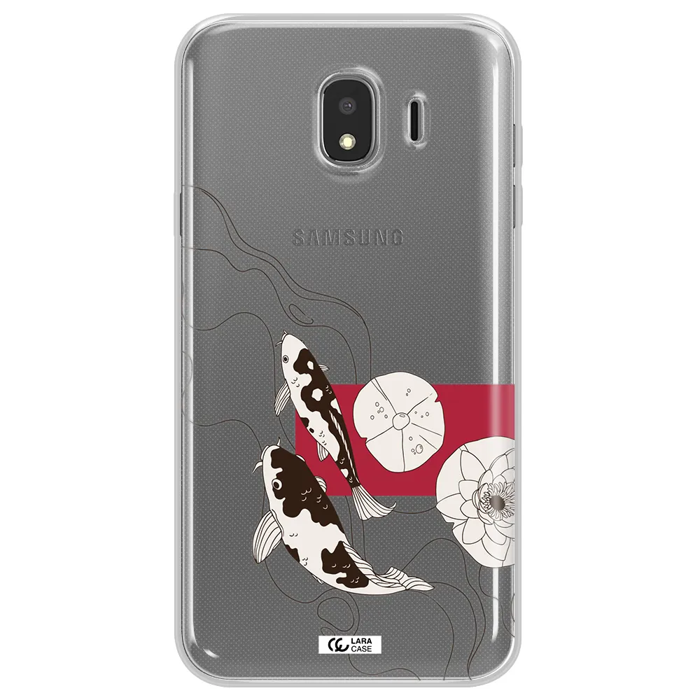 a black and white illustration of fish and flowers Samsung J4 Clear TPU Case
