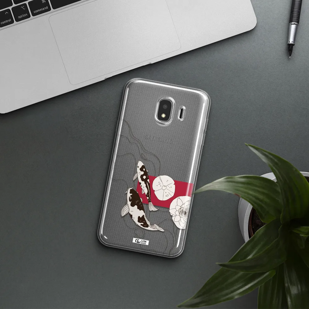 a black and white illustration of fish and flowers Samsung J4 Clear TPU Case