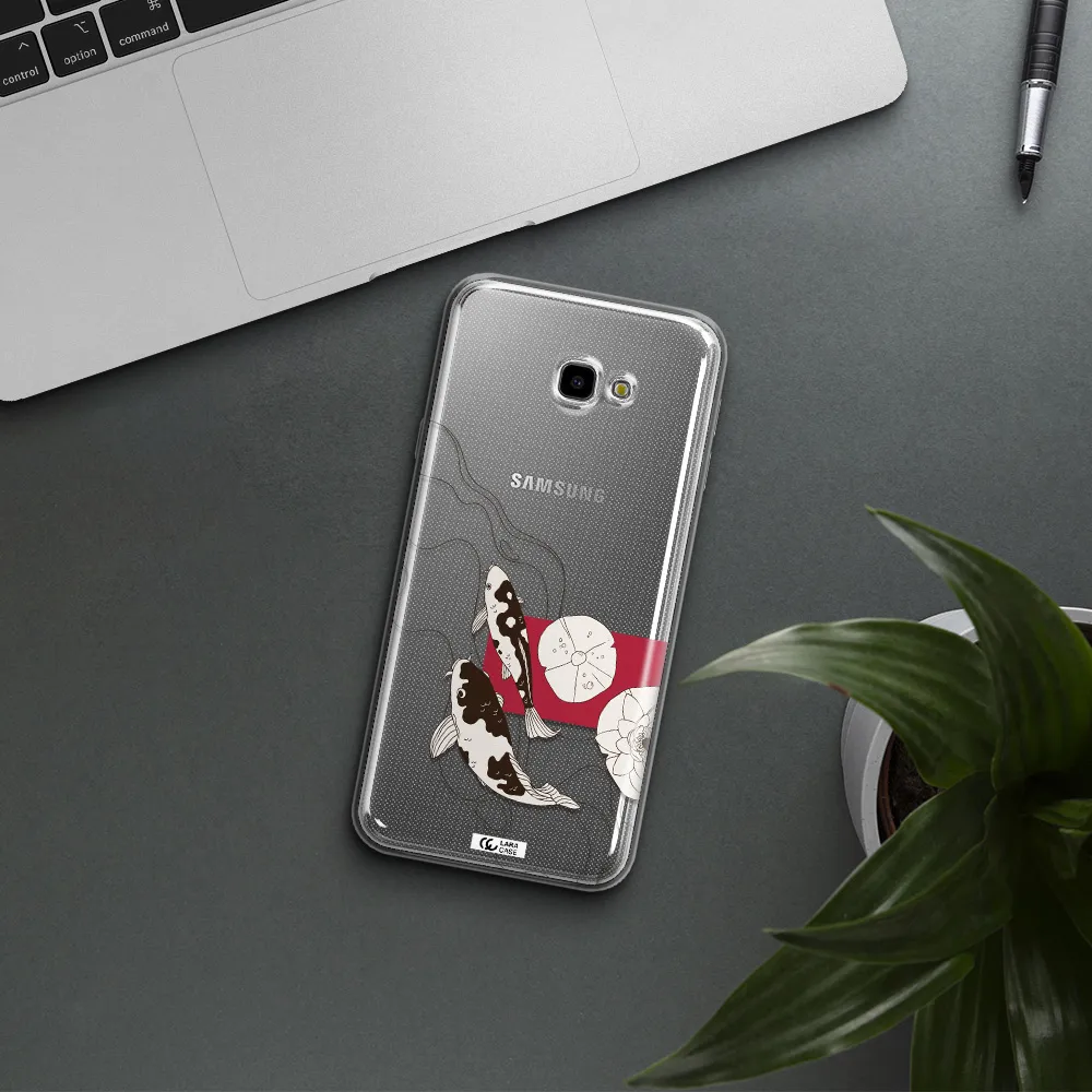 a black and white illustration of fish and flowers Samsung J4 Plus Clear TPU Case