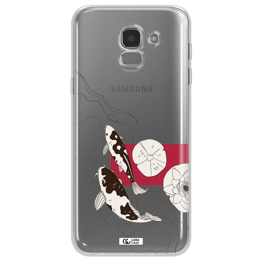 a black and white illustration of fish and flowers Samsung J6 Clear TPU Case