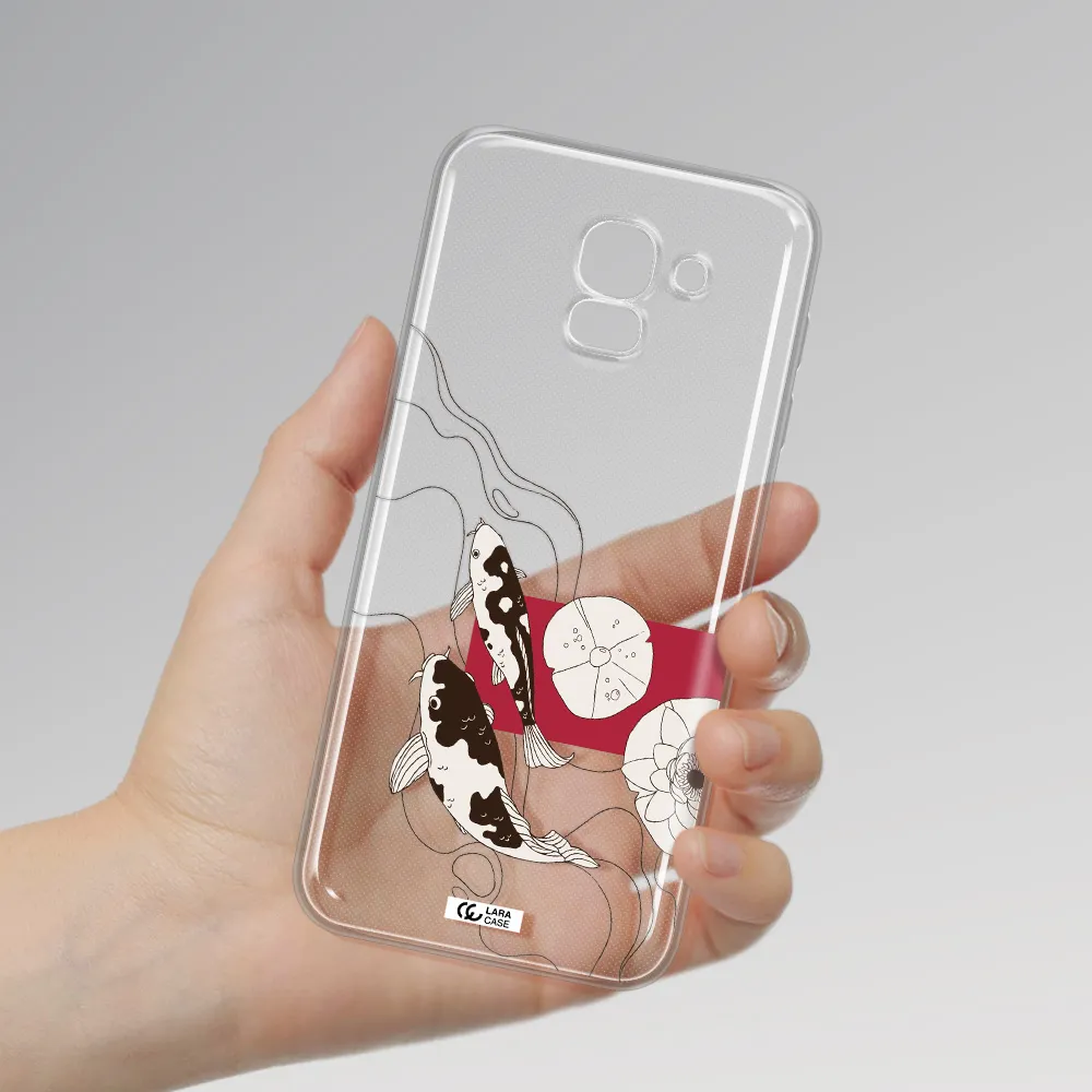 a black and white illustration of fish and flowers Samsung J6 Clear TPU Case