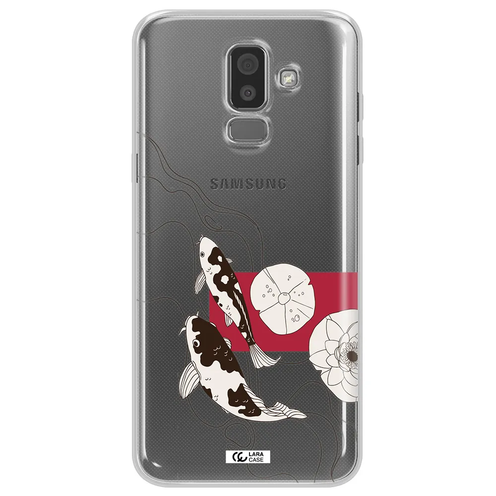 a black and white illustration of fish and flowers Samsung J8 Clear TPU Case