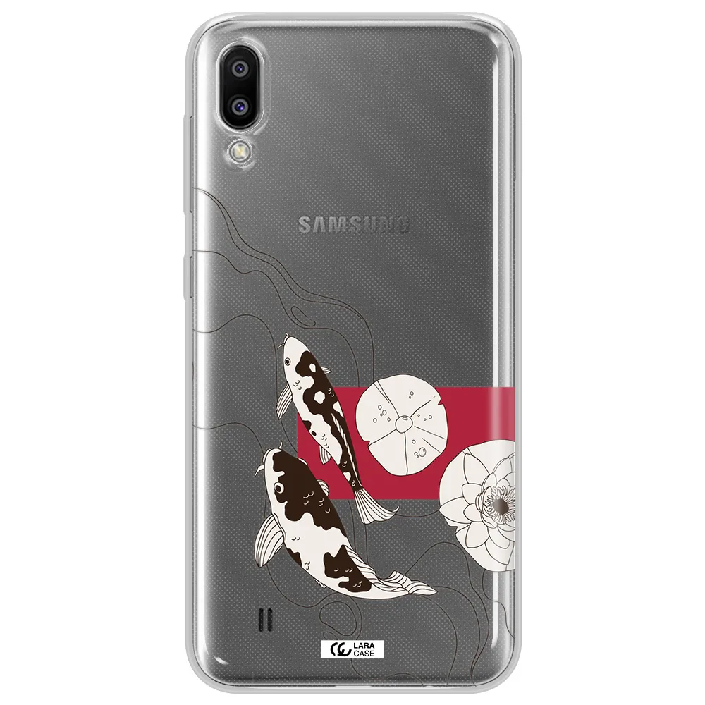 a black and white illustration of fish and flowers Samsung M10 Clear TPU Case