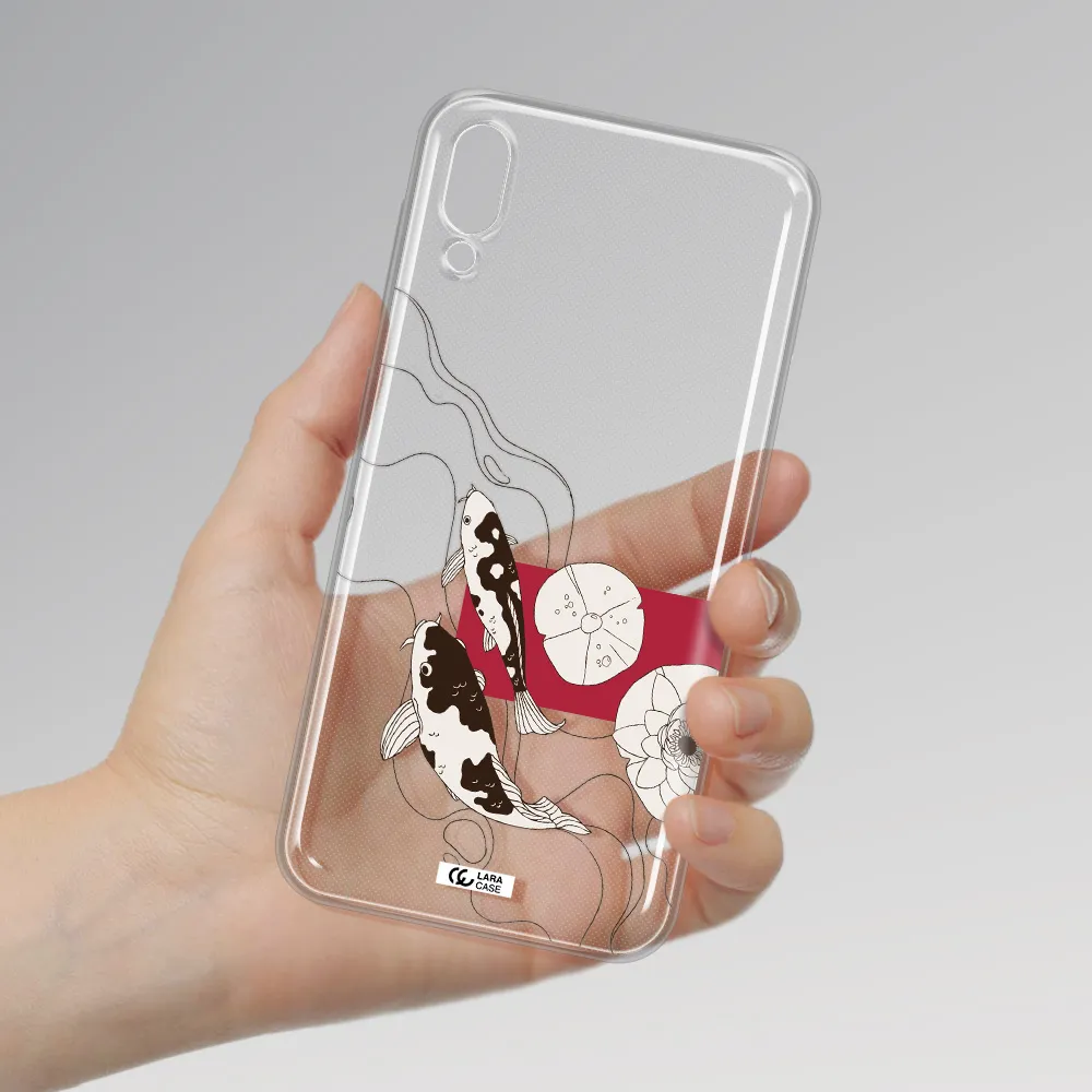 a black and white illustration of fish and flowers Samsung M10 Clear TPU Case