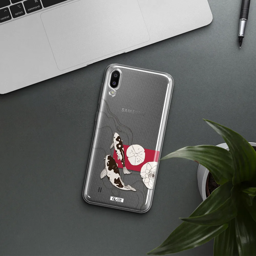 a black and white illustration of fish and flowers Samsung M10 Clear TPU Case