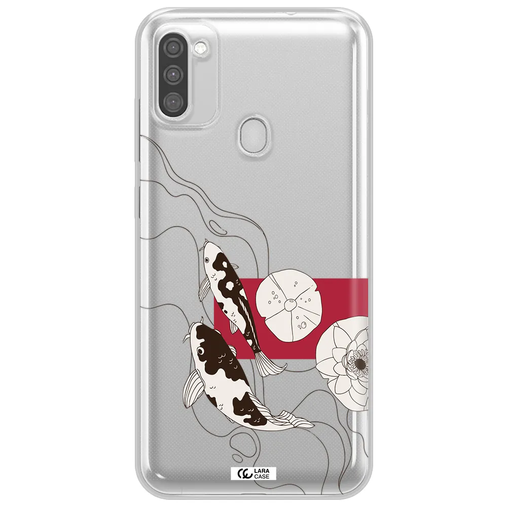 a black and white illustration of fish and flowers Samsung M11 Clear TPU Case