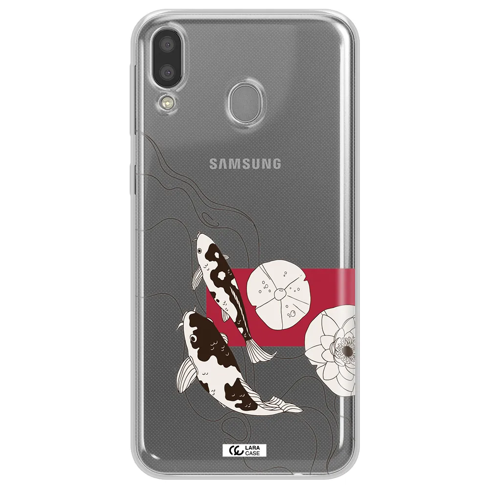 a black and white illustration of fish and flowers Samsung M20 Clear TPU Case