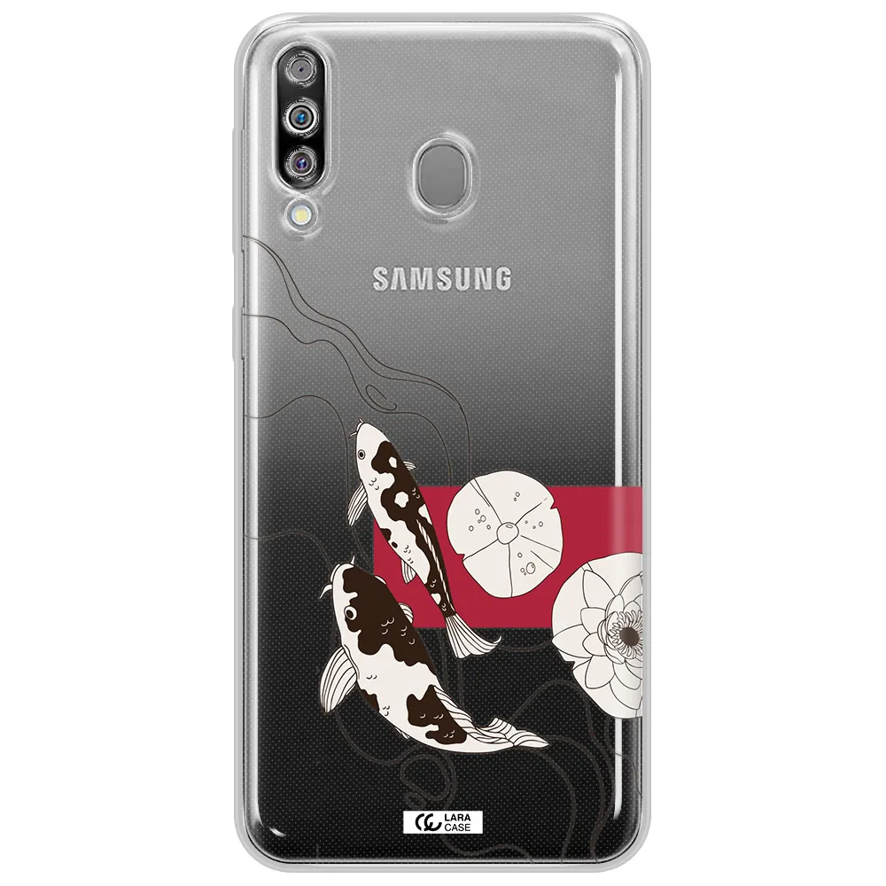 a black and white illustration of fish and flowers Samsung M30 Clear TPU Case