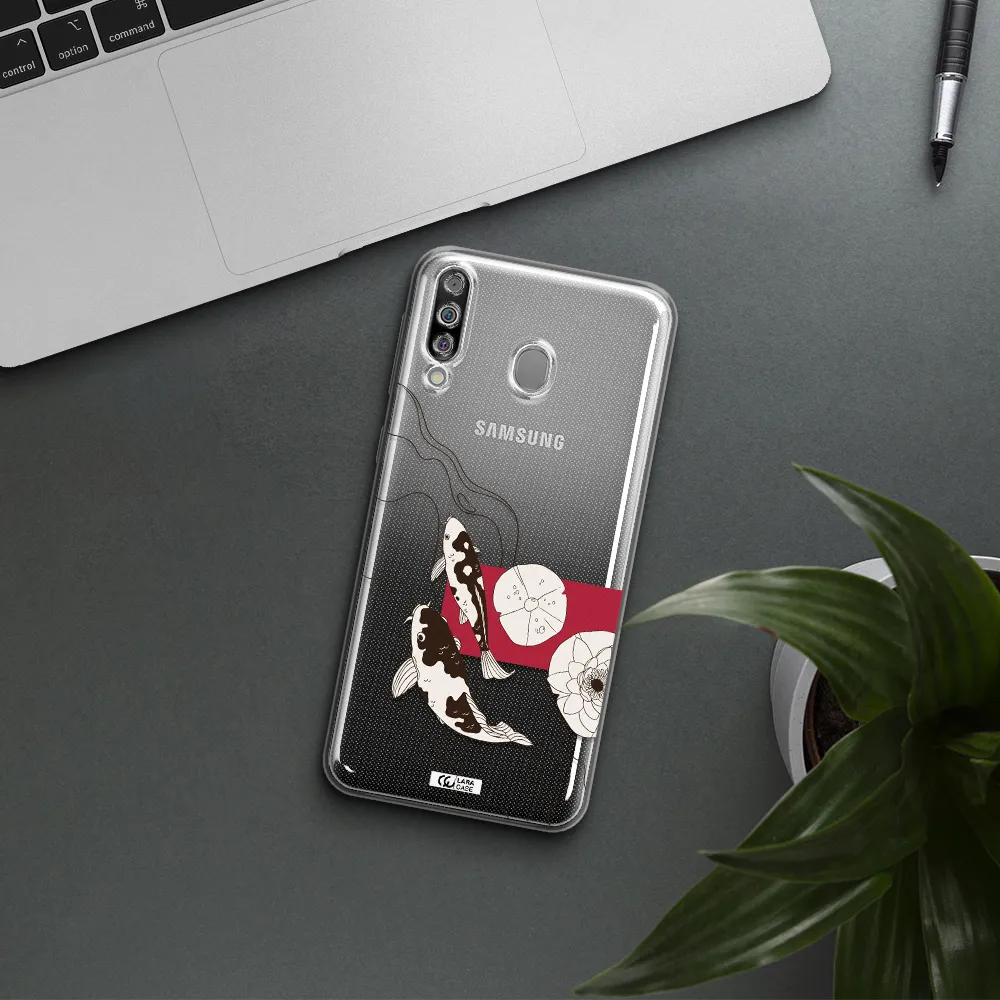 a black and white illustration of fish and flowers Samsung M30 Clear TPU Case
