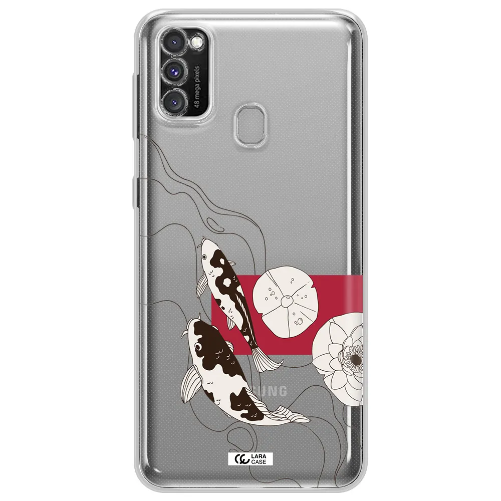 a black and white illustration of fish and flowers Samsung M30S Clear TPU Case
